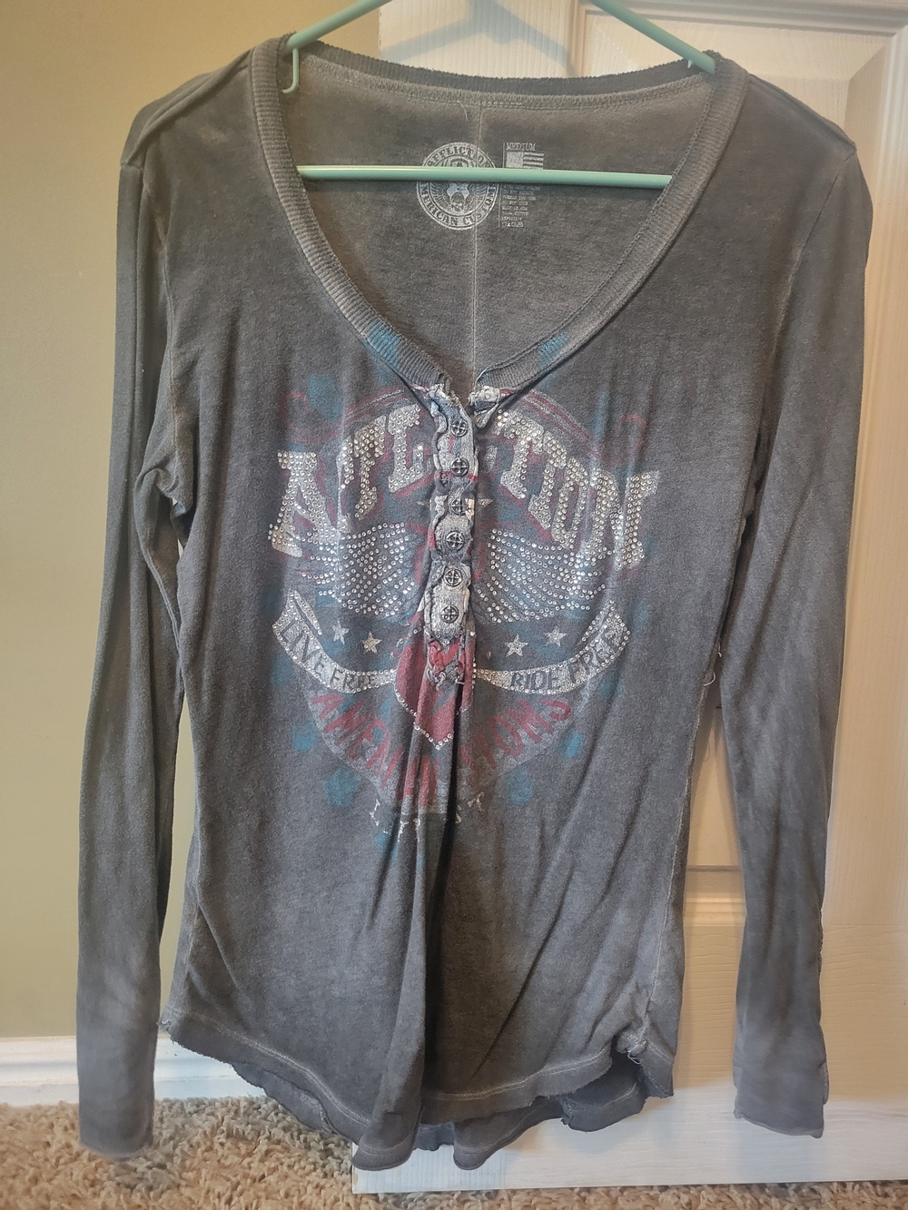 Affliction Women's Gray Graphic V-Neck Long Sleeve Tee with Embellished Heart